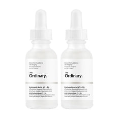 Two bottles of The Ordinary Hyaluronic Acid 2% + B5 Hydrating Hyaluronic Acid Serum for skin hydration