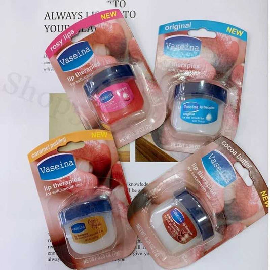 Vaseina lip therapies set with four flavors: rosy lips, caramel pudding, original, and cocoa butter