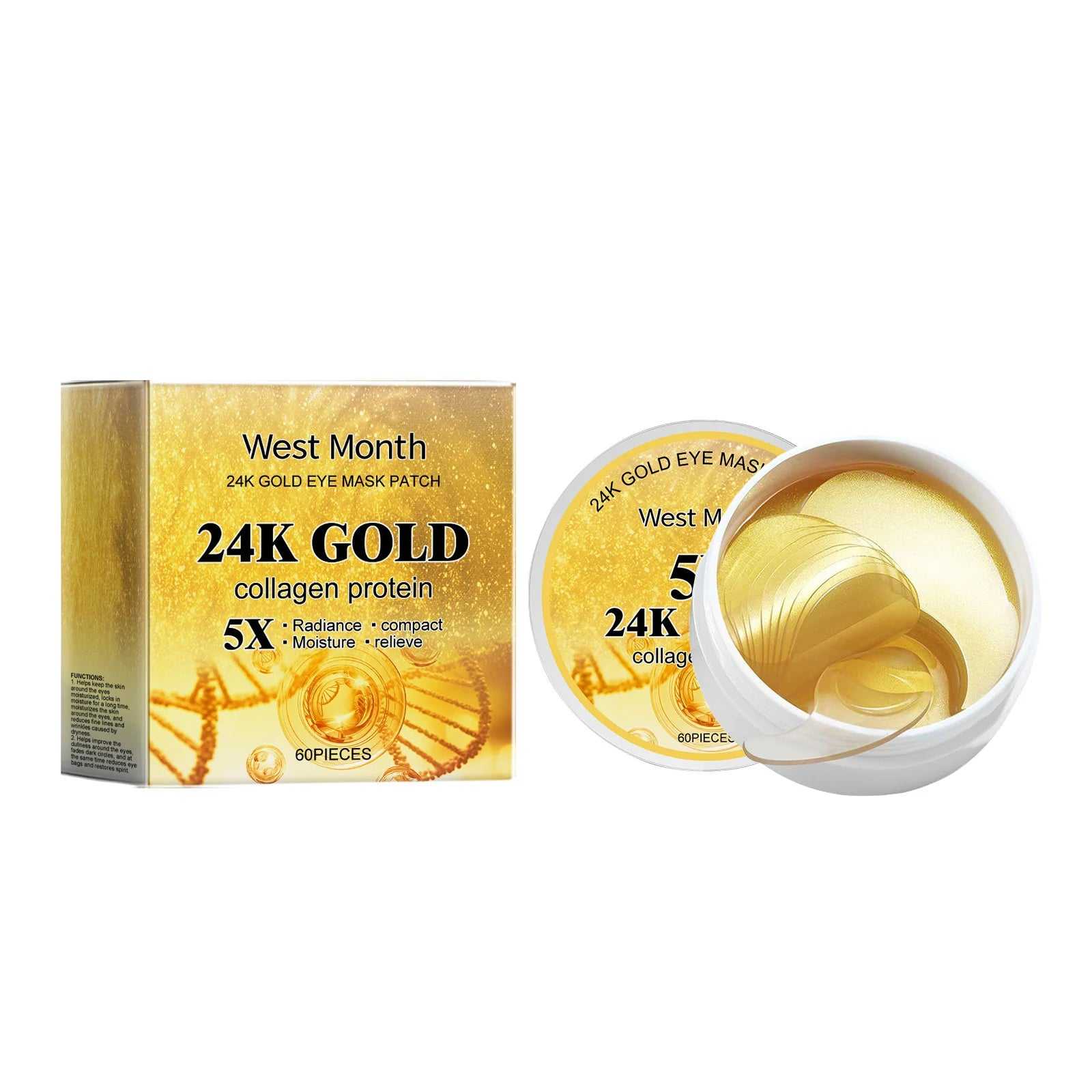 West&Month 24K Gold Eye Masks with Collagen Protein for Radiance and Moisture, 60 Pieces
