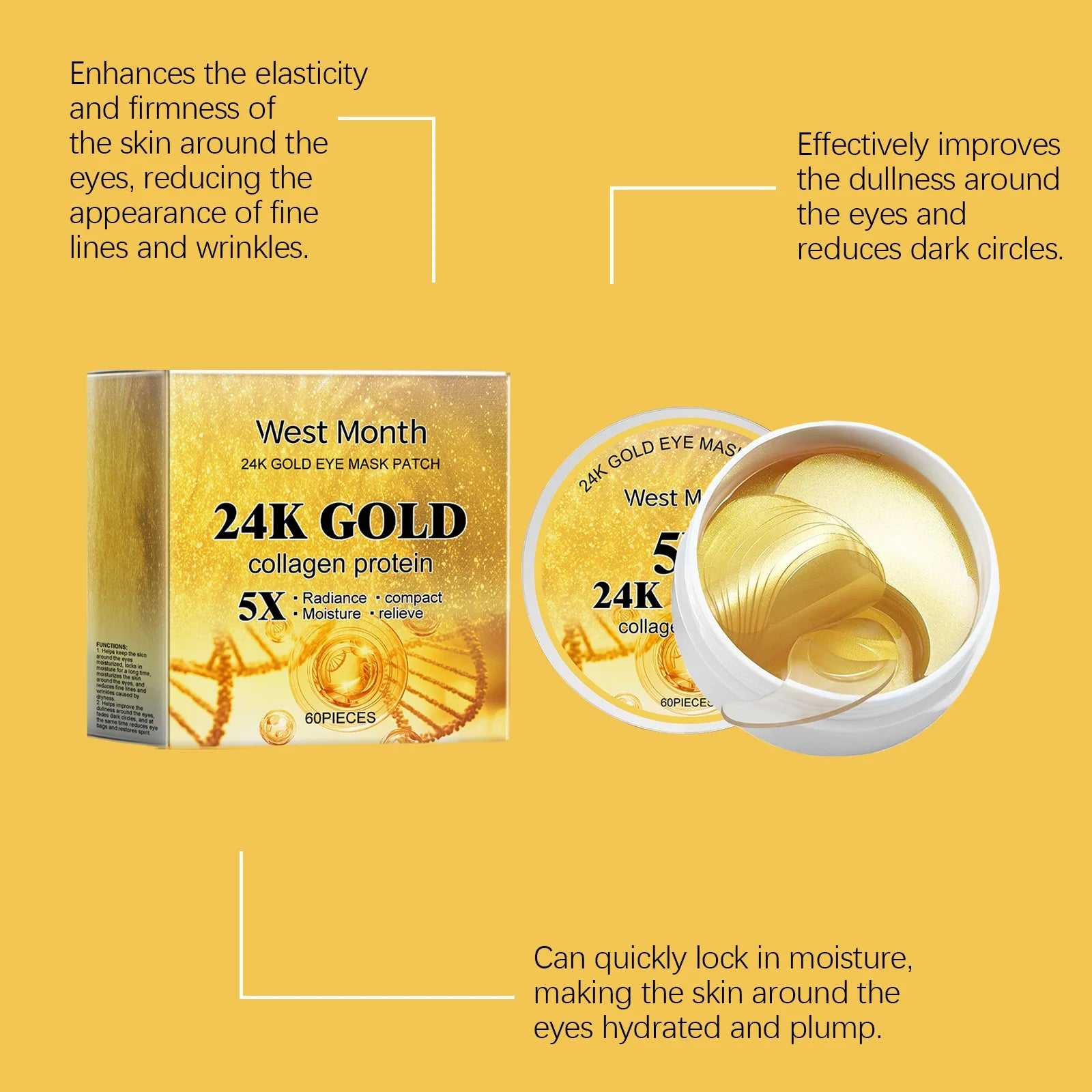 West Month 24K Gold Eye Masks with collagen protein for reducing fine lines and dark circles