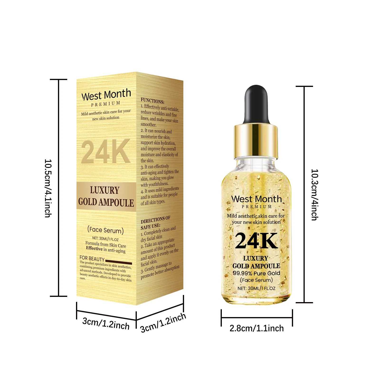 West&Month 24K Luxury Gold Ampoule Serum in Glass Bottle for Radiant Skin Care