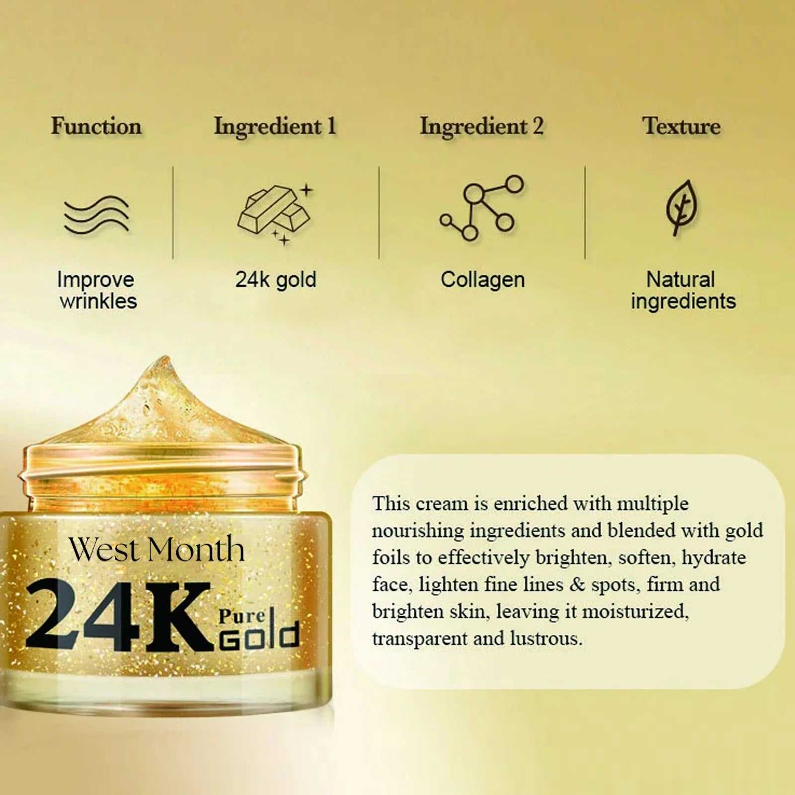 West&Month 24K Gold Cream Mask with Collagen and Natural Ingredients for Hydrated, Radiant Skin