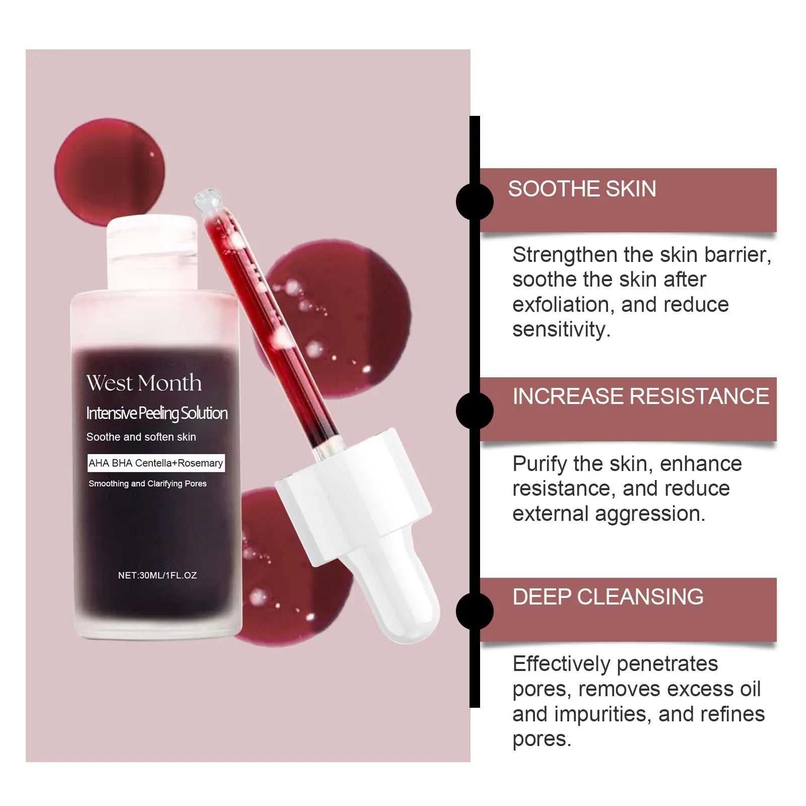 West Month Intensive Peeling Solution for deep cleansing and skin soothing, AHA BHA formula in a 30ml bottle