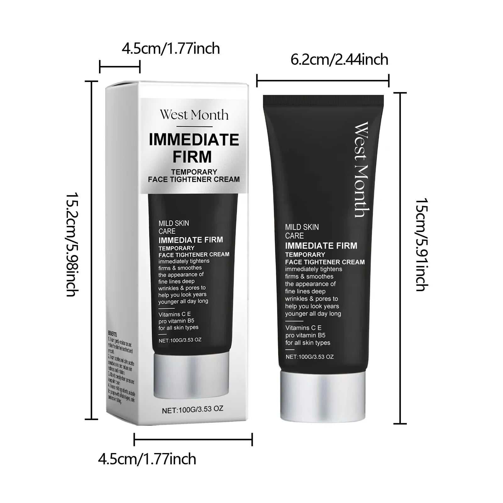 West&Month Immediate Firm Temporary Face Tightening Cream Anti-Aging in sleek black tube and box