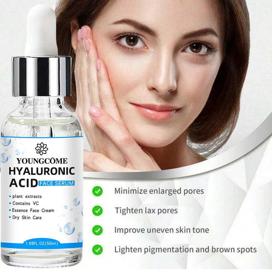 YOUNGCOME Hyaluronic Acid Face Serum in a dropper bottle for minimizing pores and evening skin tone