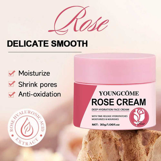 Youngcome Rose Cream for deep hydration with hyaluronic acid, reduces pores and combats oxidation